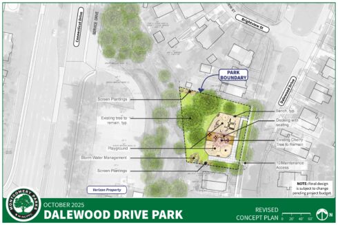 Updated concept of Dalewood Drive Park renovation featuring plantings, an updated playground, decking with seating and stormwater management.