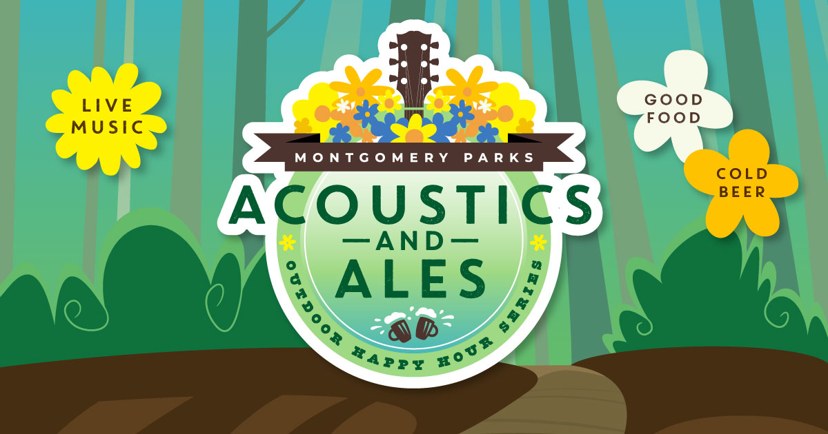 Montgomery Parks Acoustics and Ales logo with guitar and flowers, live music, good food, cold beer