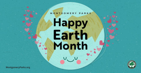Happy Earth Month graphic. The earth with a smile on it over a teal background and little hearts surrounding it.