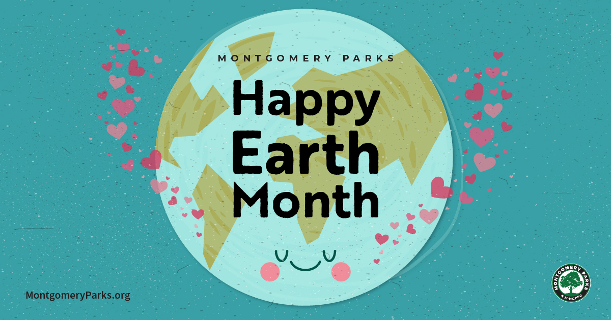 Happy Earth Month graphic. The earth with a smile on it over a teal background and little hearts surrounding it.