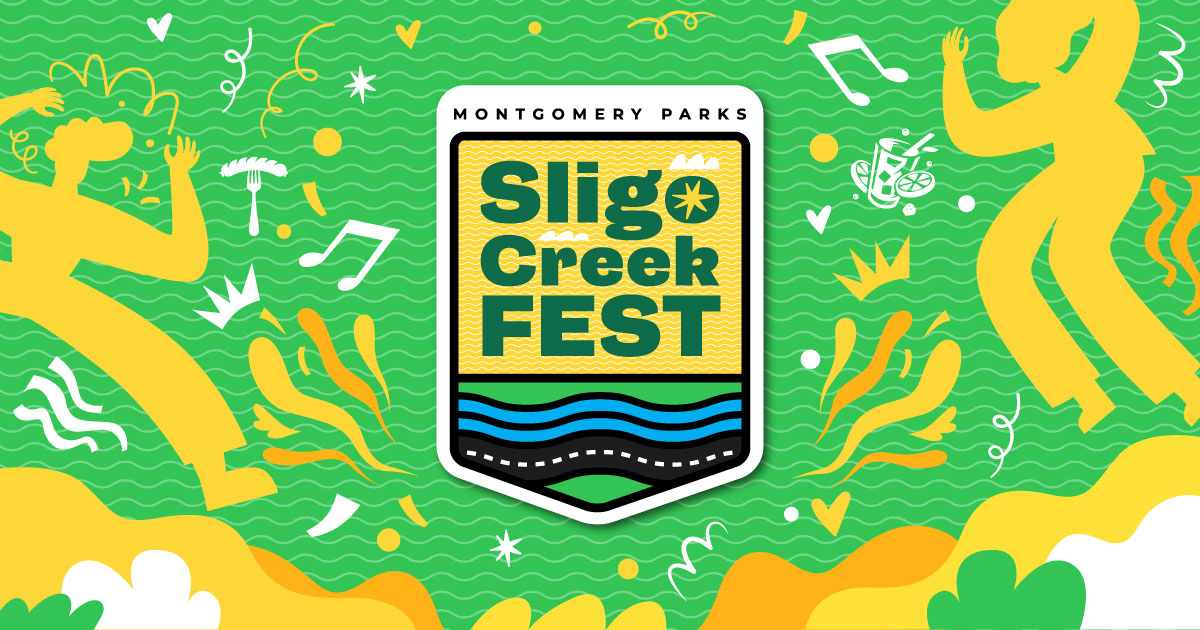 sligo creek fest event graphic with lime green background and abstract yellow figures walking and dancing