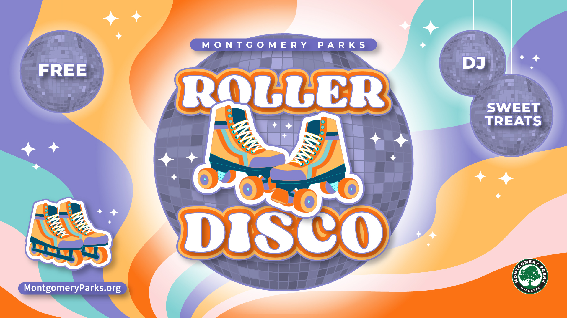 roller disco event graphic 2024 with purple disco ball in center with colorful rollerskates