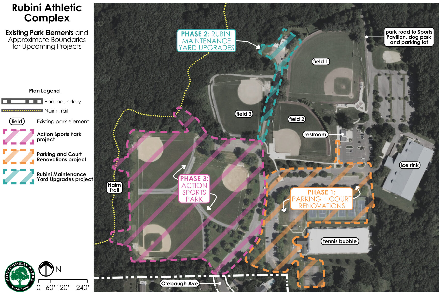Enlarged aerial map of the Rubini Athletic Complex, showing approximate boundaries of three projects: Action Sports Park, parking/court renovation project, and ballfield maintenance yard project.