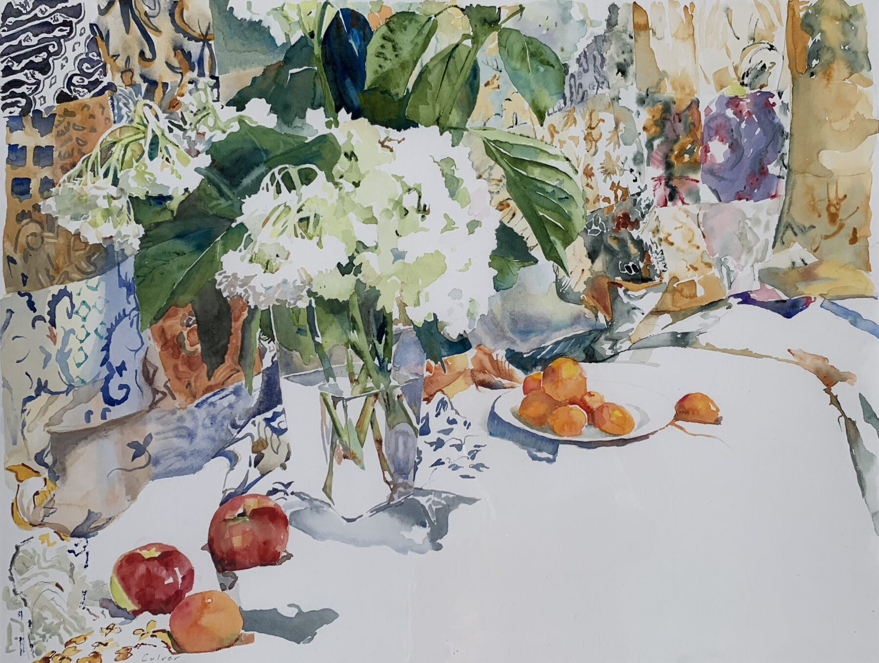 A watercolor titled "Baroque Nostalgia" by Leigh Culver that shows a vase with white flowers in the center and fruit on a white tablescape.