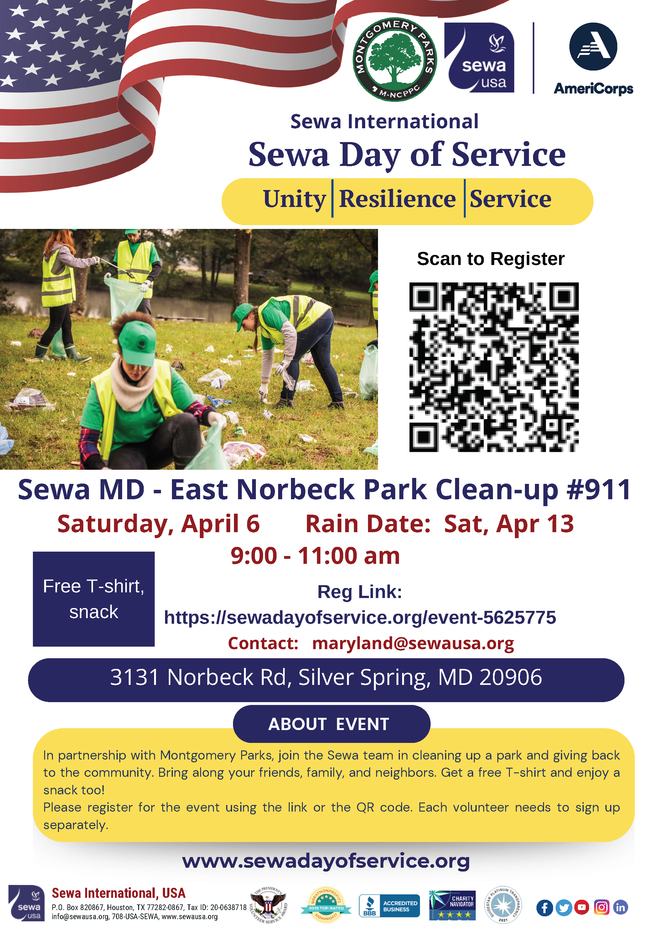 Sewa Day of Service Flyer. Sewa MD - East Norbeck Park Clean-up. Saturday, April 6 Rain Date: Sat, Apr 13 9:00 - 11:00 am. In partnership with Montgomery Parks, join the Sewa team in cleaning up a park and giving back to the community. Bring along your friends, family, and neighbors. Get a free T-shirt and enjoy a snack too! Please register for the event using the link or the QR code. Each volunteer needs to sign up separately. www.sewadayofservice.org