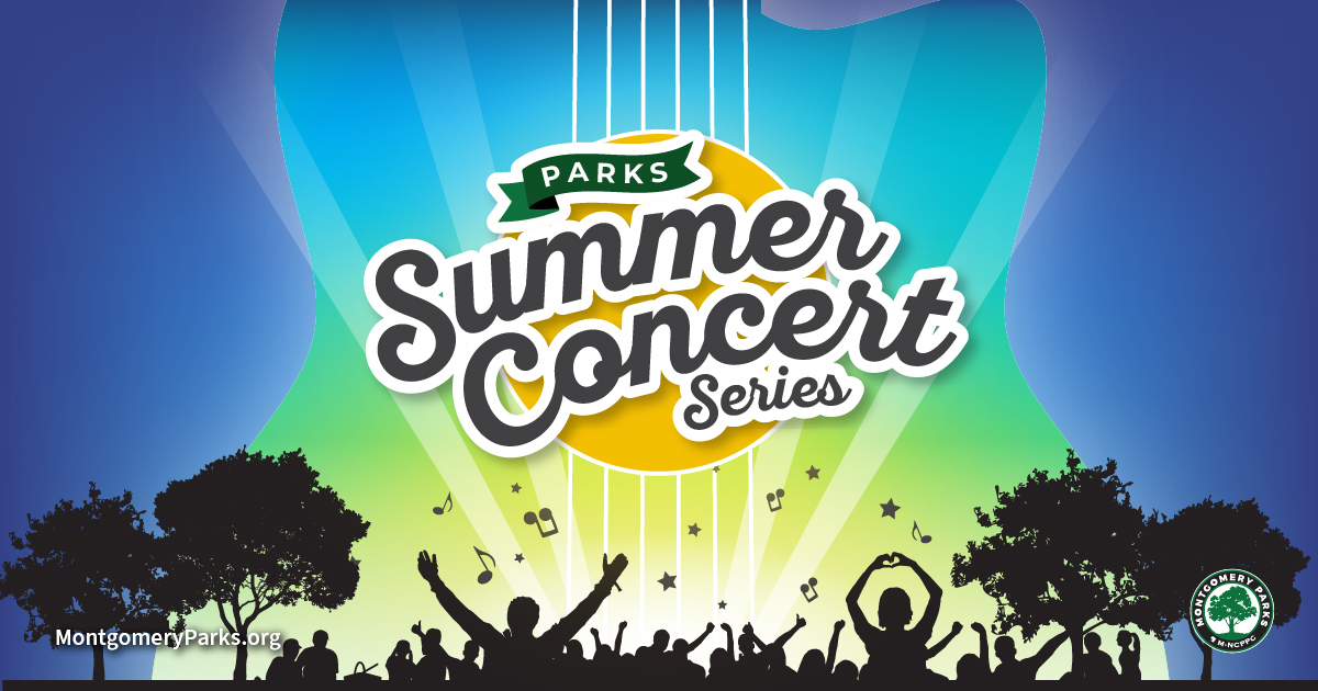 summer concert series graphic with guitar outlined in blue yellow ombre and shadowy figures and trees in the foreground surrounded by music notes