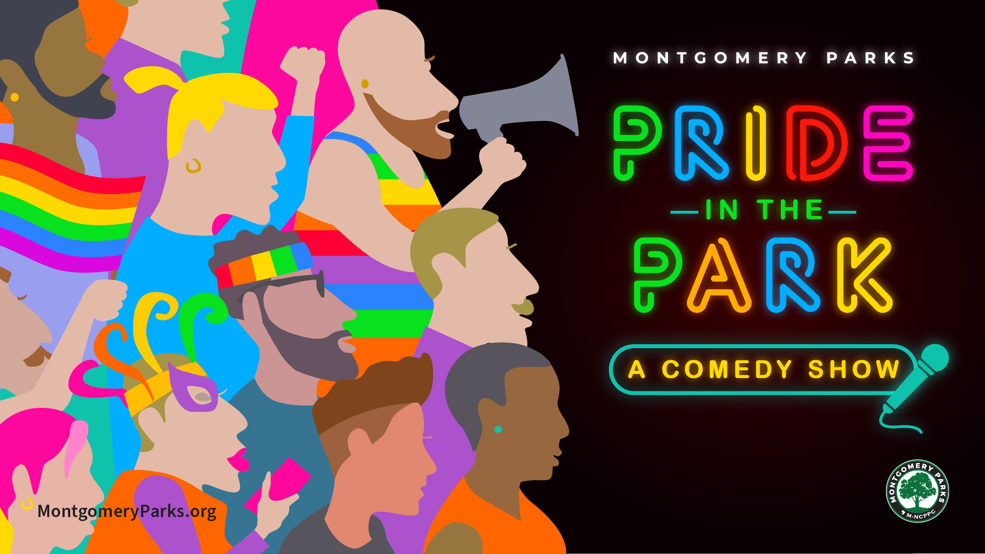 pride in the park a comedy show event graphic with event title in neon rainbow letters against a black background and cartoon people of all races dressed up for pride