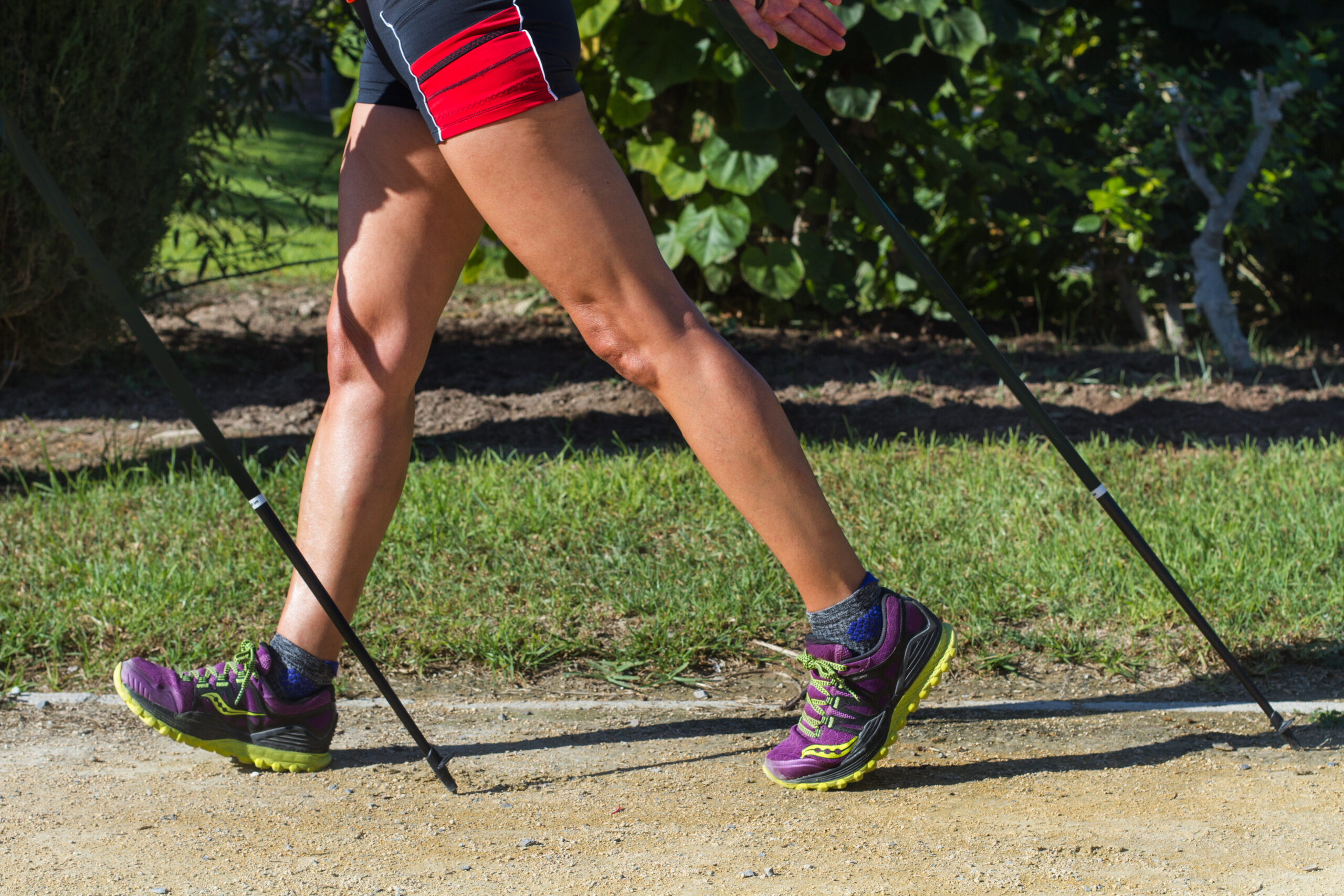 legs of woman practicing Nordic Walking with poles