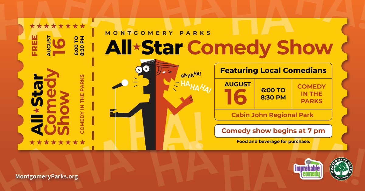 all star event graphic that looks like ticket with event title and silhouette of a man laughing and a silhouette of a man speaking into a microphone