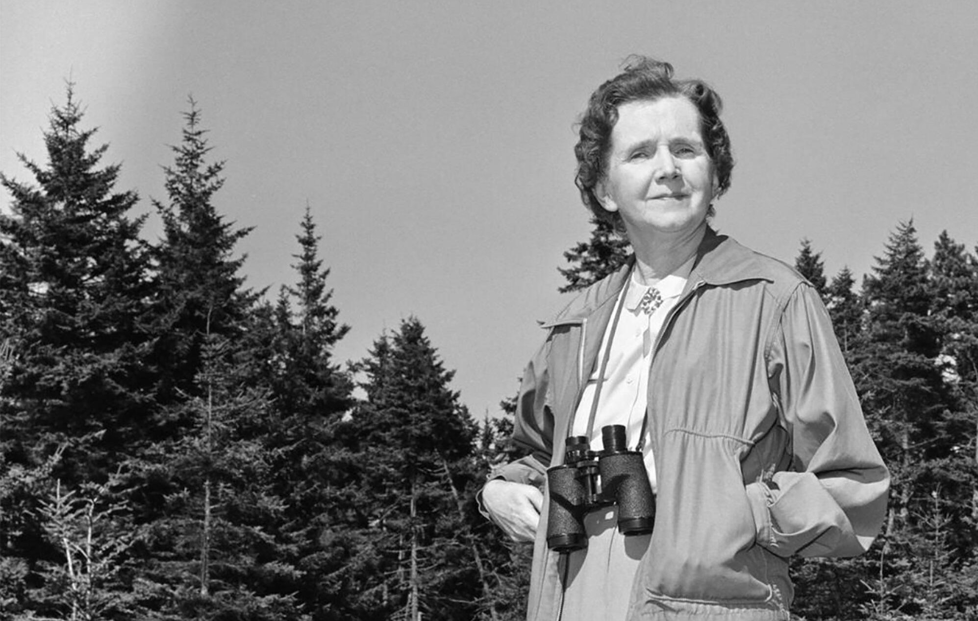 Rachel Carson with binoculars around her neck and a forest in the background