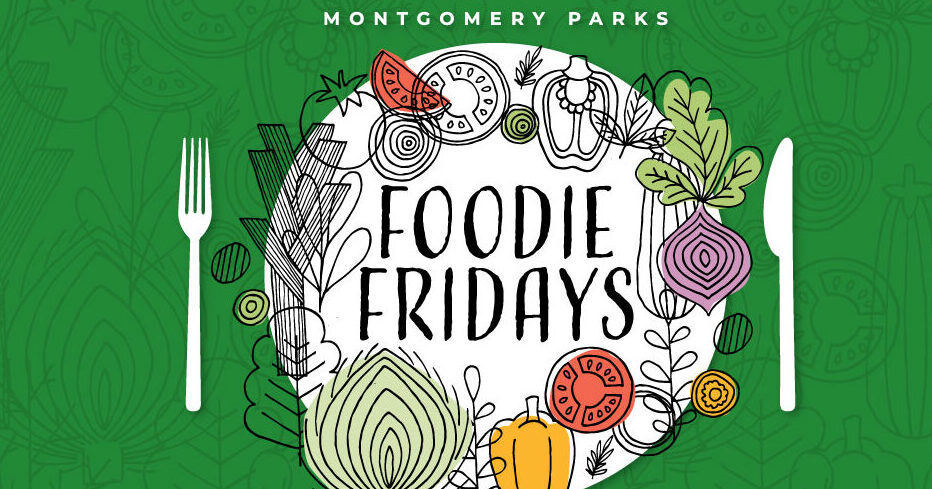 Foodie Fridays Graphic - a fork, knife, and plate with colorful drawings of vegetables