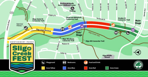 sligo creek fest map, the event is on saturday, may 4 from 11 am to 3 pm at sligo creek open parkway, download the accessible pdf for a detailed map of the event