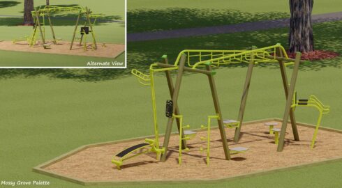 a three-dimensional rendering that shows the selected freestanding fitness equipment. Bodyweight exercises offered include sit-ups, pull-ups, overhead bars, crunches and core exercises, steppers, for example.