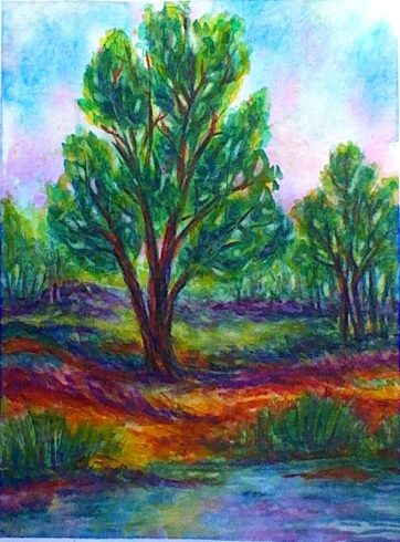 A brightly colored painting of a tree and field.
