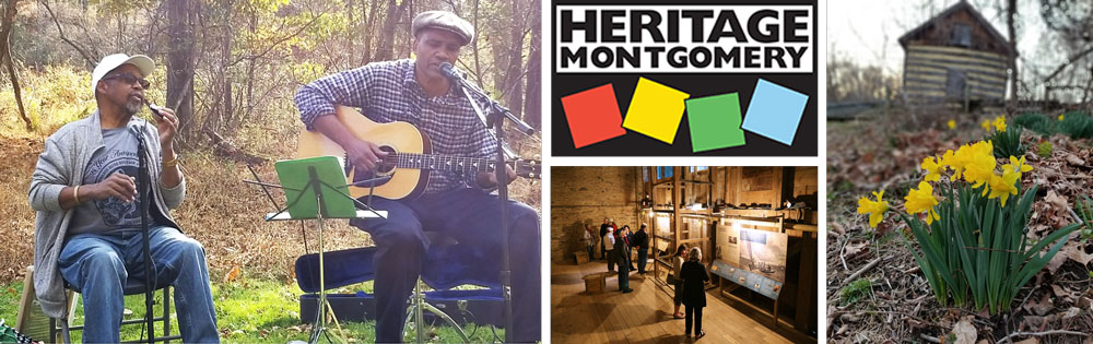 multiples images, on left are 2 musicians, Jay Summerour and guitar player, center is Heritage Montgomery logo above interior of Woodlawn Museum, right is Oakley Cabin behind daffodils