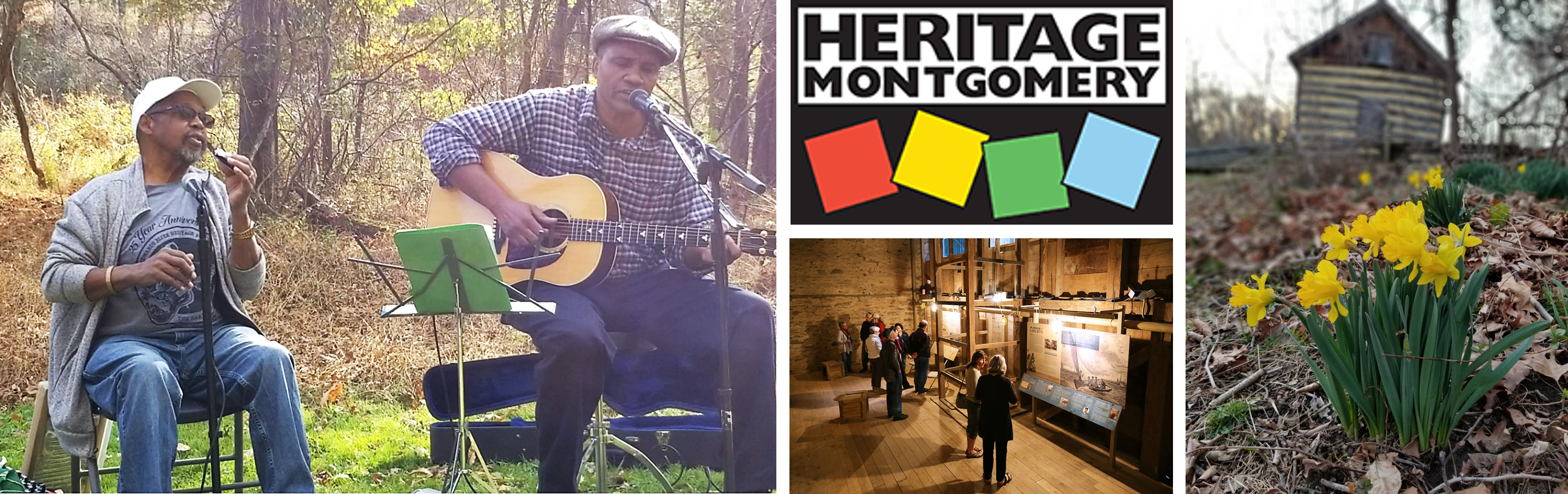 multiples images, on left are 2 musicians, Jay Summerour and guitar player, center is Heritage Montgomery logo above interior of Woodlawn Museum, right is Oakley Cabin behind daffodils