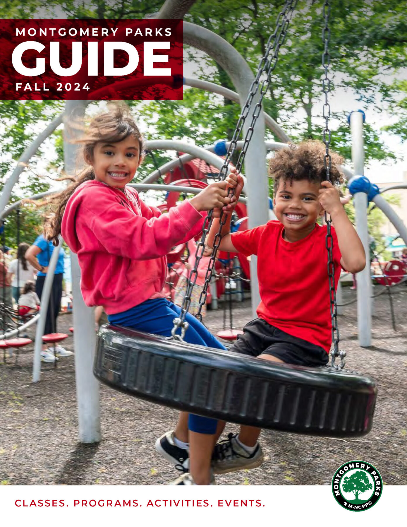 Two children ride on a tire swing. Text reads Montgomery Parks Guide Fall 2024. Classes. Programs. Activities. Events.
