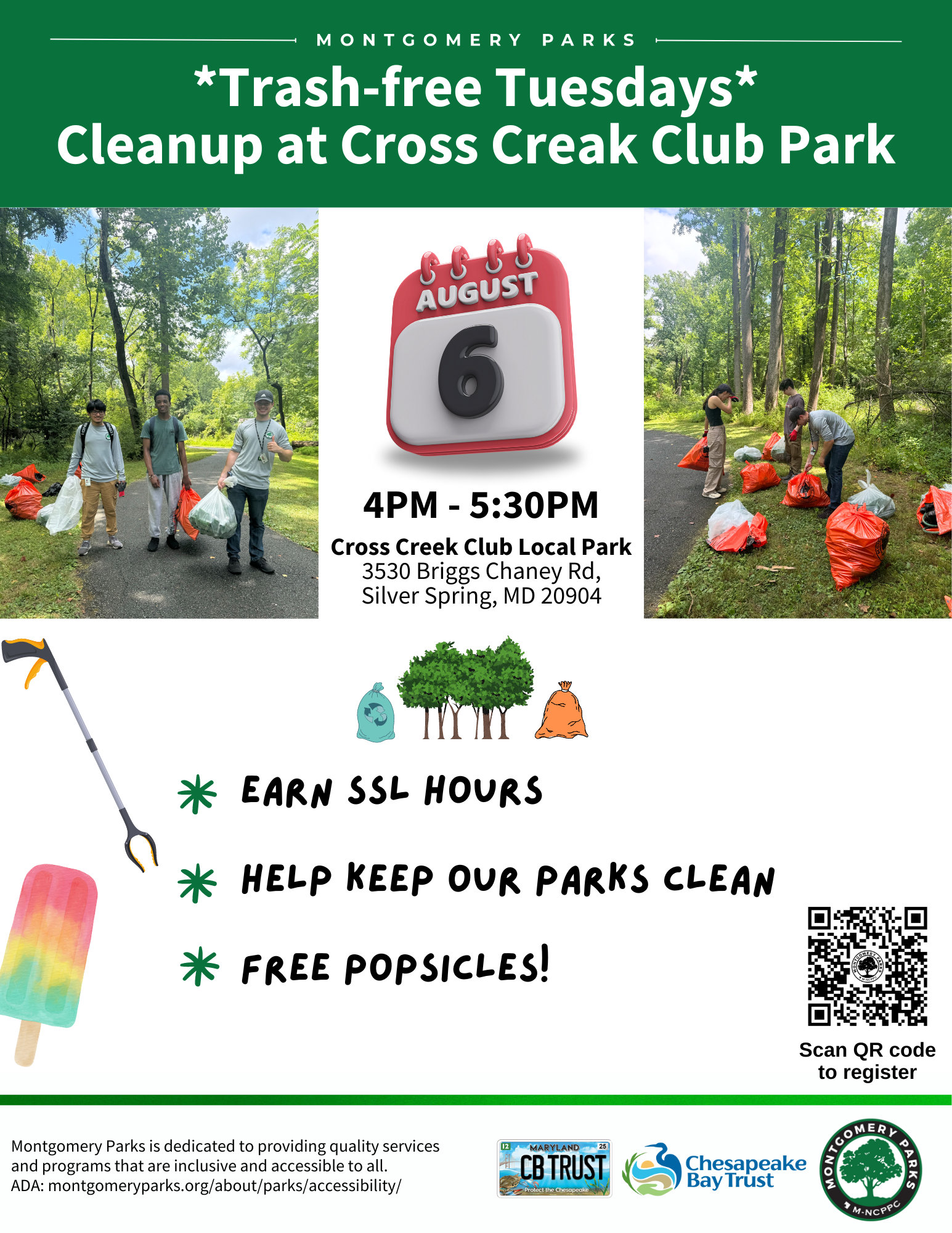 Flyer for trash free Tuesday's cleanup. Photo of volunteers with trash bags and recycling bags. Park cleanup with Montgomery parks at Cross Creek Club Local Park.