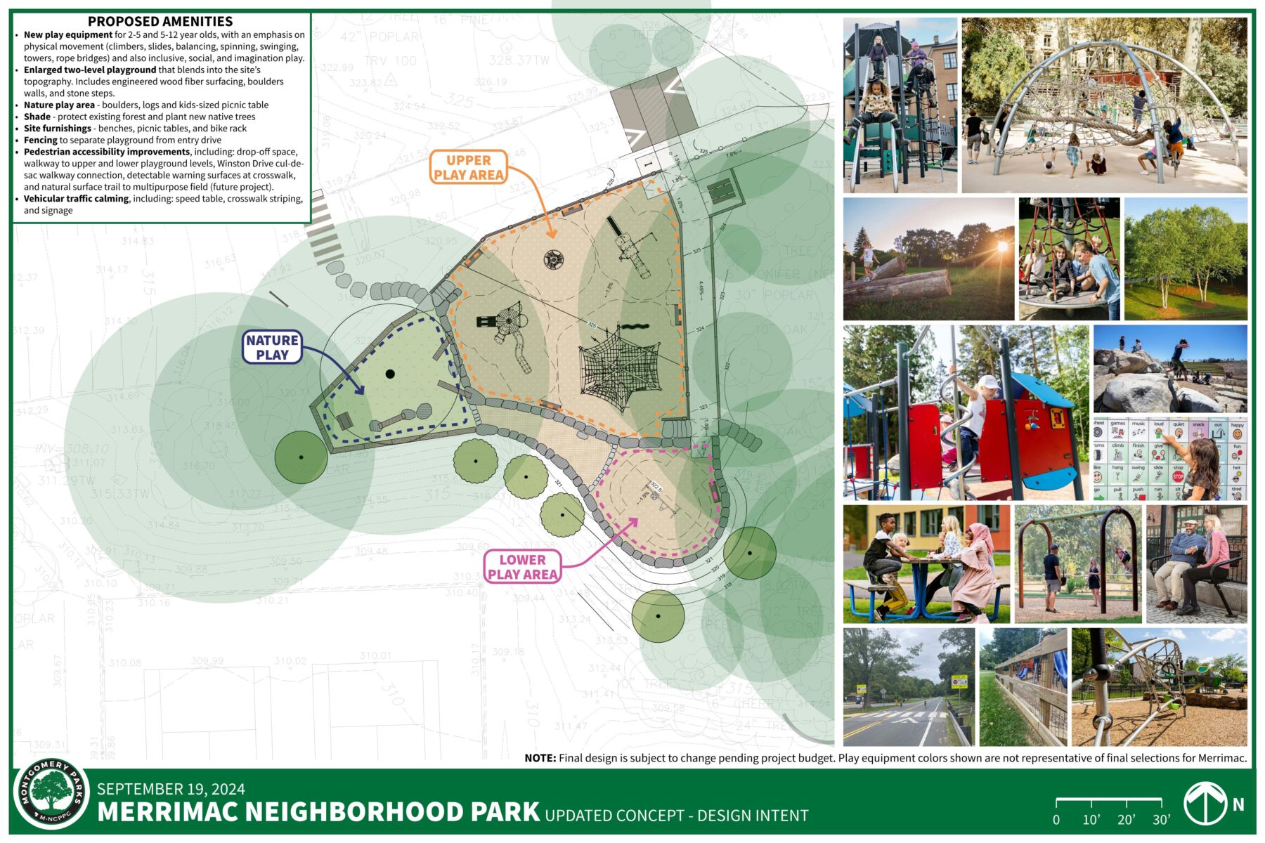 Arial map of the proposed concept plan for the Merrimac Neighborhood Park playground renovation project. The site layout includes an upper and lower play area, as well as a nature play area. The design consists of a speed bump, new walkways, picnic areas, bike racks, limited fencing, benches, and tree planting. The final design is subject to change pending the project budget. The image also shows pictures on the side showing examples of play equipment such as climbing structures, natural play space areas, spinner toys, tree plantings, a communication board, seating areas, swings, a crosswalk, and a fence. For more information visit the “Playground Design” section of the webpage.