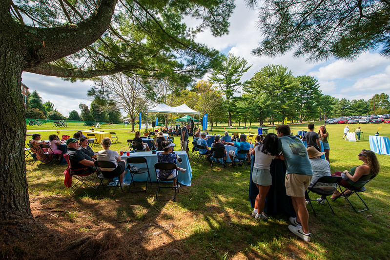 Crowd watching band on stage in lawn