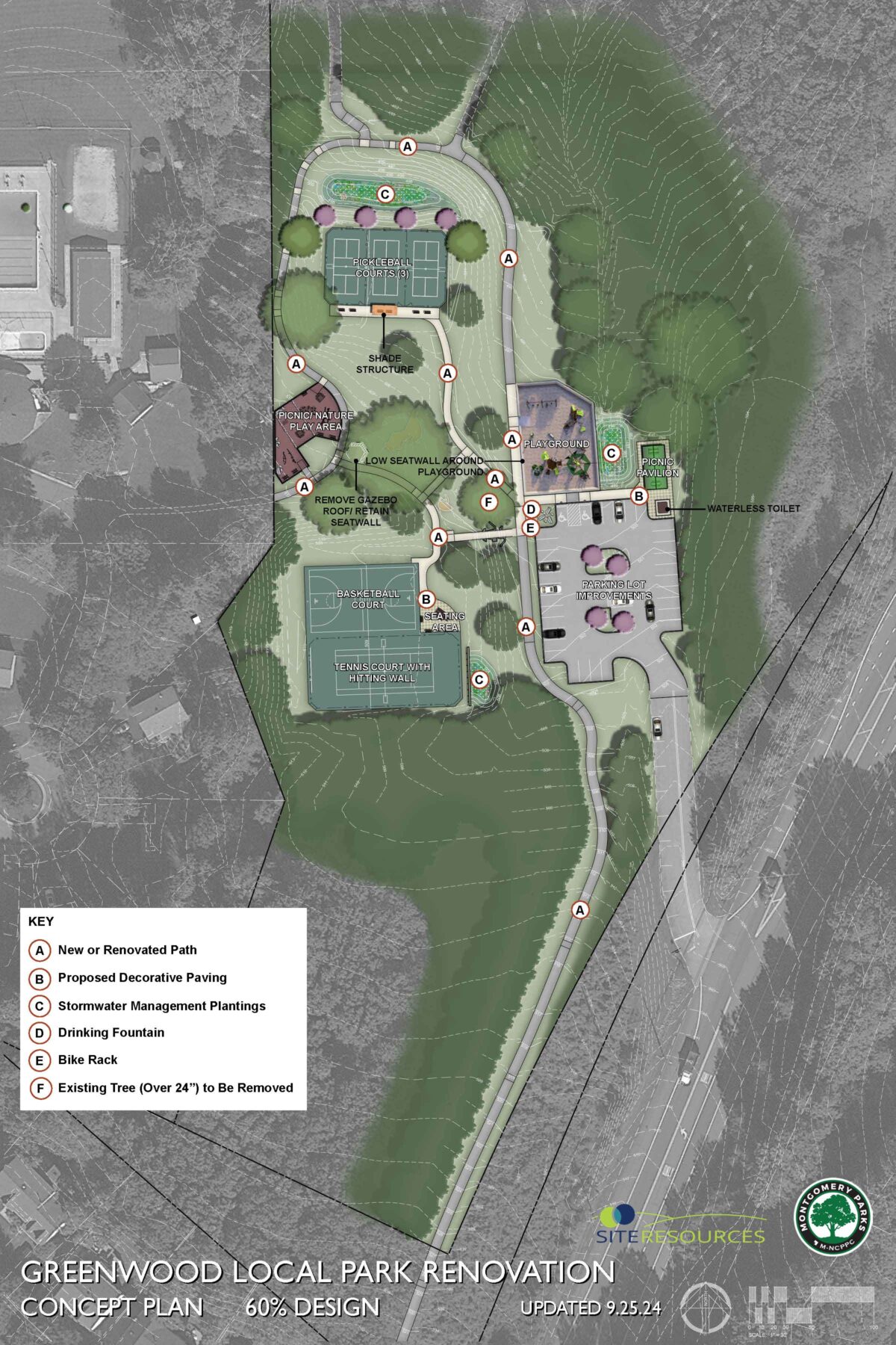 Aerial map of Greenwood Local Park renovation project 60% design stage. The proposed design for Greenwood Local Park is shown in color with a black and white aerial in the background showing the existing conditions. Amenities shown include the basketball court and tennis court with hitting wall in the southern portion of the site. A small seating area is located adjacent to the basketball court. Three pickleball courts are shown in the northern area of the site with benches and a small shade structure along the southern edge of the courts. Micro-bioretention areas with plantings are shown to the east of the tennis court and to the north of the pickleball courts. A picnic/ nature play area is shown along the west edge of the property, in the place of the former playground. Parking lot improvements are proposed with additional parking spaces. The new playground is shown along the north side of the parking lot as well as a new picnic pavilion. A low seatwall is shown around the new playground. A micro-bioretention area with plantings is located between the playground and picnic pavilion. The proposed waterless toilet is proposed just south of the picnic pavilion. A new drinking fountain and bike rack is located just south of the playground. Proposed paths and paths that will be renovated are indicated on the concept plan and connect all amenities within the park. Proposed decorative paving areas are indicated around the new picnic pavilion and seating area near the basketball court. One tree over 24” is shown as being removed just to the west of the proposed playground.