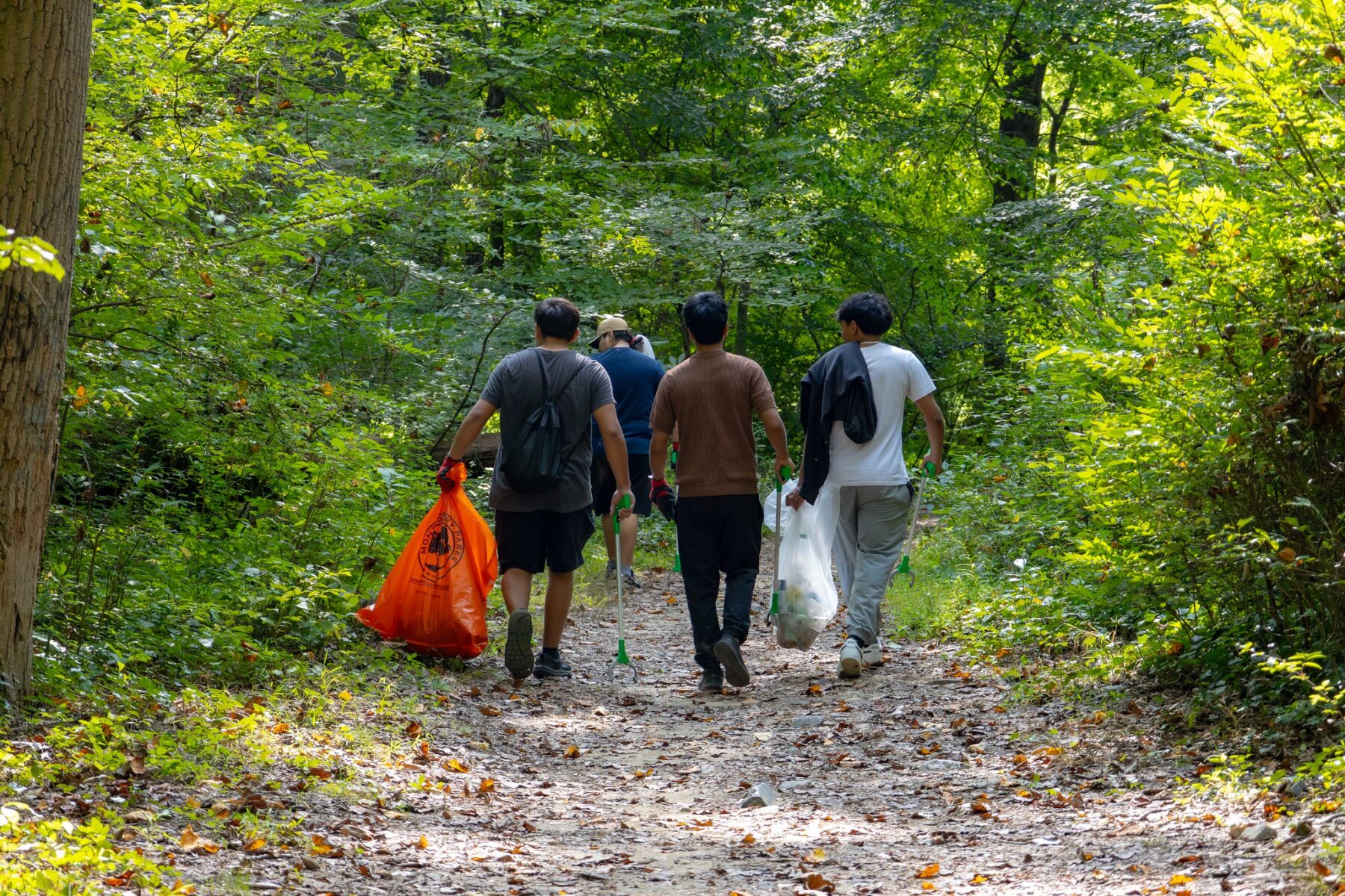A group walking on a trail volunteering to pick up trash