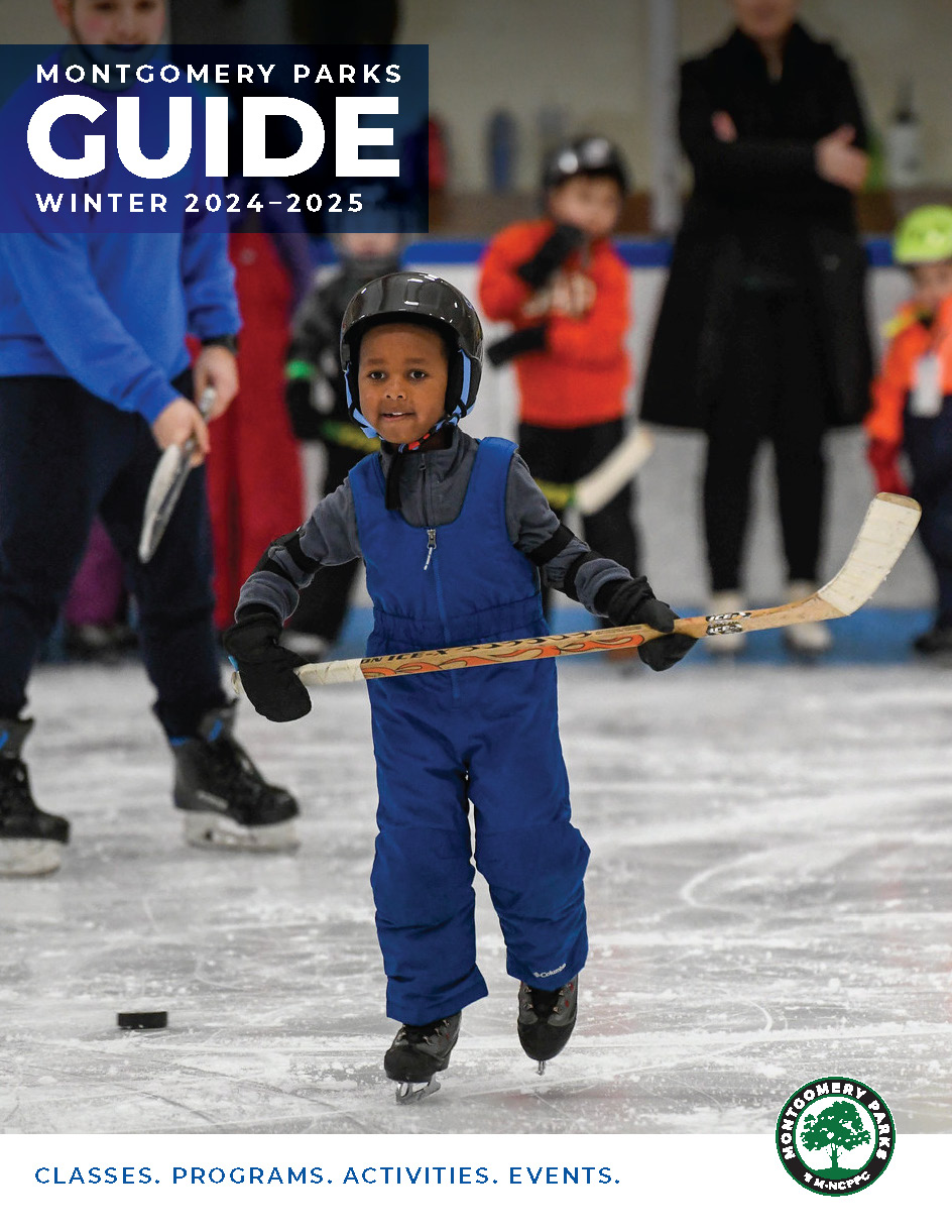 A youth on ice skates holds a hockey stick. Text reads Montgomery Parks Guide Winter 2024-2025. Classes Programs Activities Events.