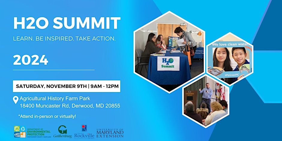 Flyer for H2O Summit 2024. Photos of people at tabling event and people presenting. Event details provided at the link below image.