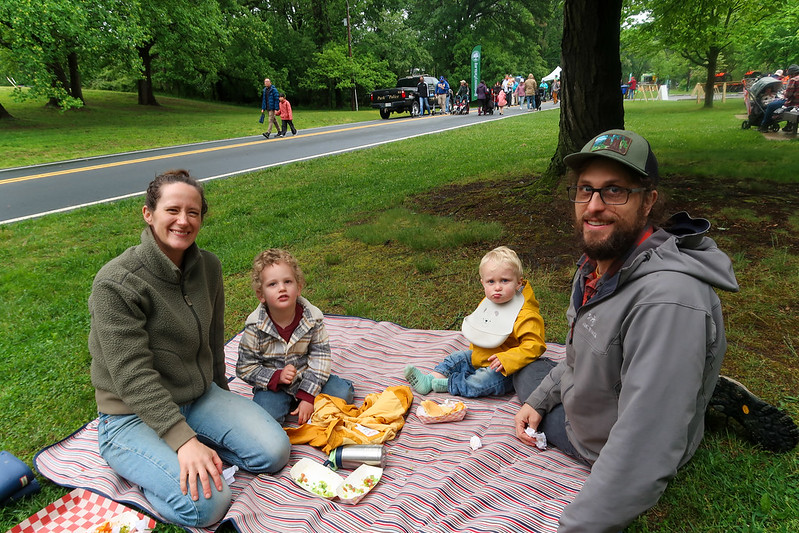 Family has picnic on the grass