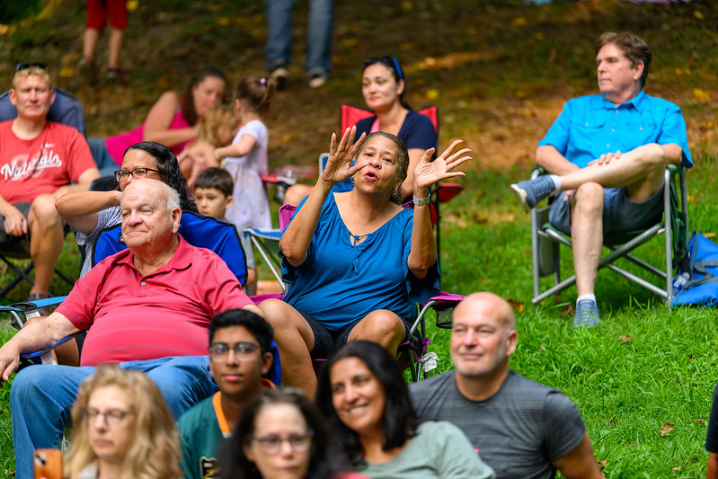 Attendee holds her hands up while singing along to live music