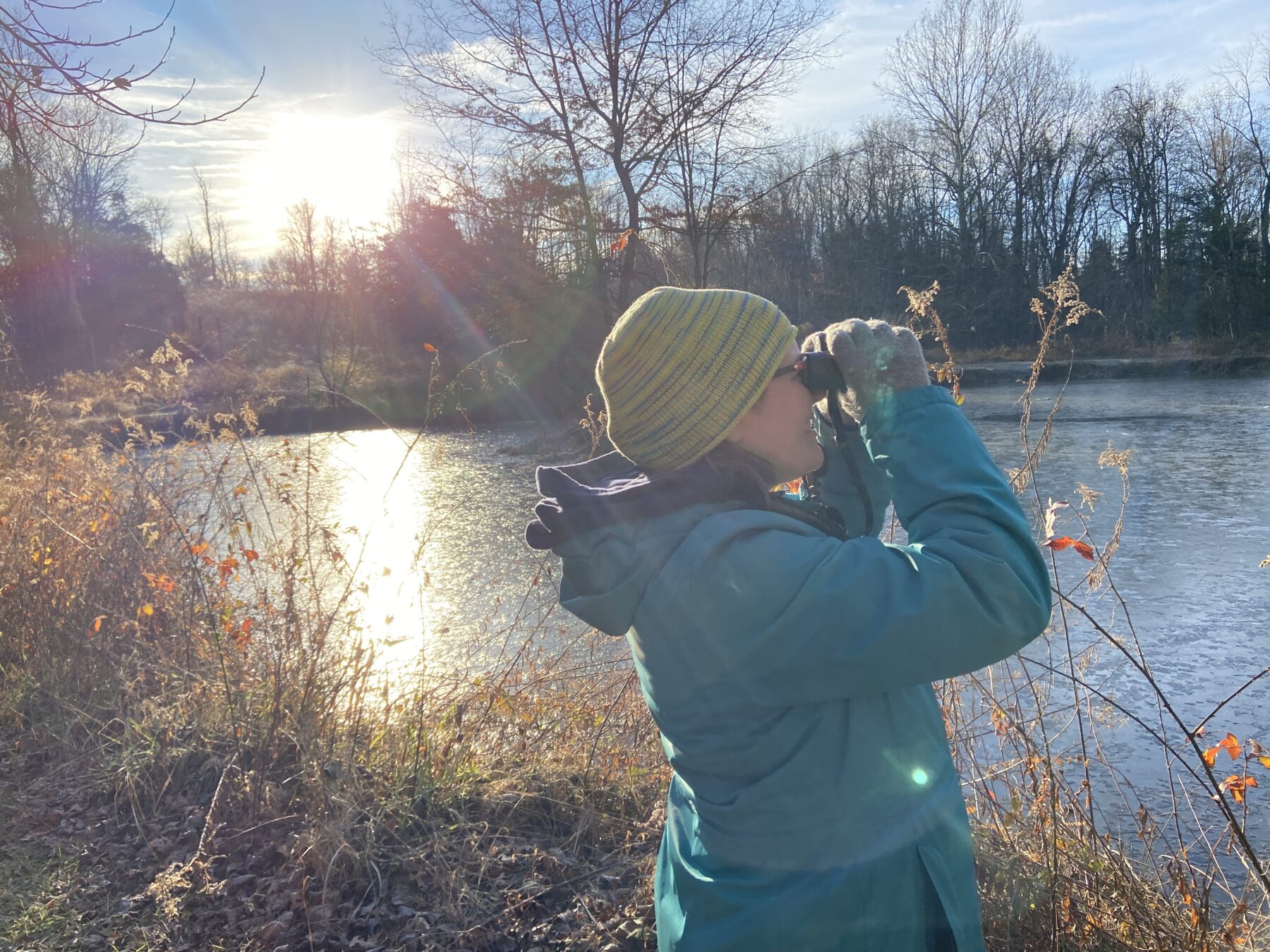 An adult, dress in blue winter clothing and a green knit hat, is looking ahead through a pair of binoculars. There is a frozen pond behind them.