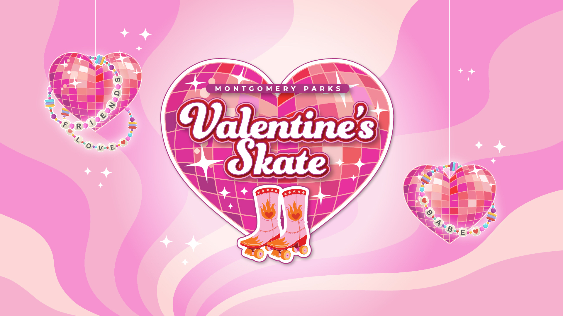 Valentines Skate 2025 Logo with pink hearts and friendship bracelets