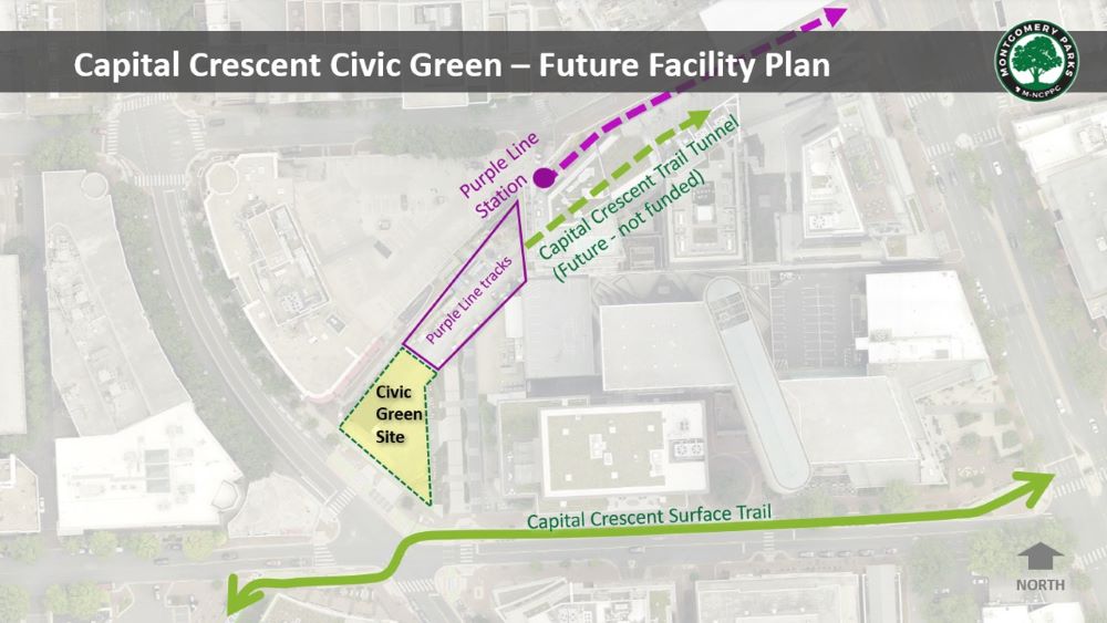 Aerial map showing the location of the Capital Crescent Civic Green Future park. It highlights the Capital Crescent Trail coming from the south and along Bethesda Ave as well as the future location of the Bethesda Purple Line Station and future Capital Crescent Trial Tunnel (currently not funded) north of the future park.