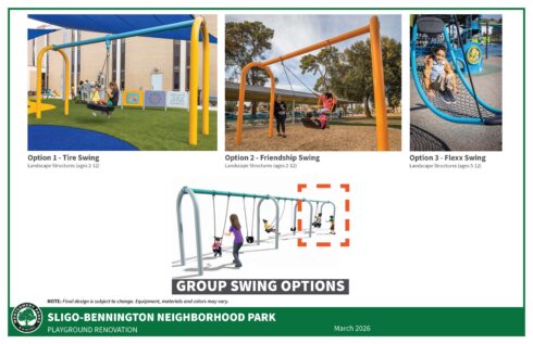 Three alternative group swing options are shown. Belt swings for children ages 5 - 12, bucket swings for children ages 2 - 5, and an accessible swing will also be provided. 