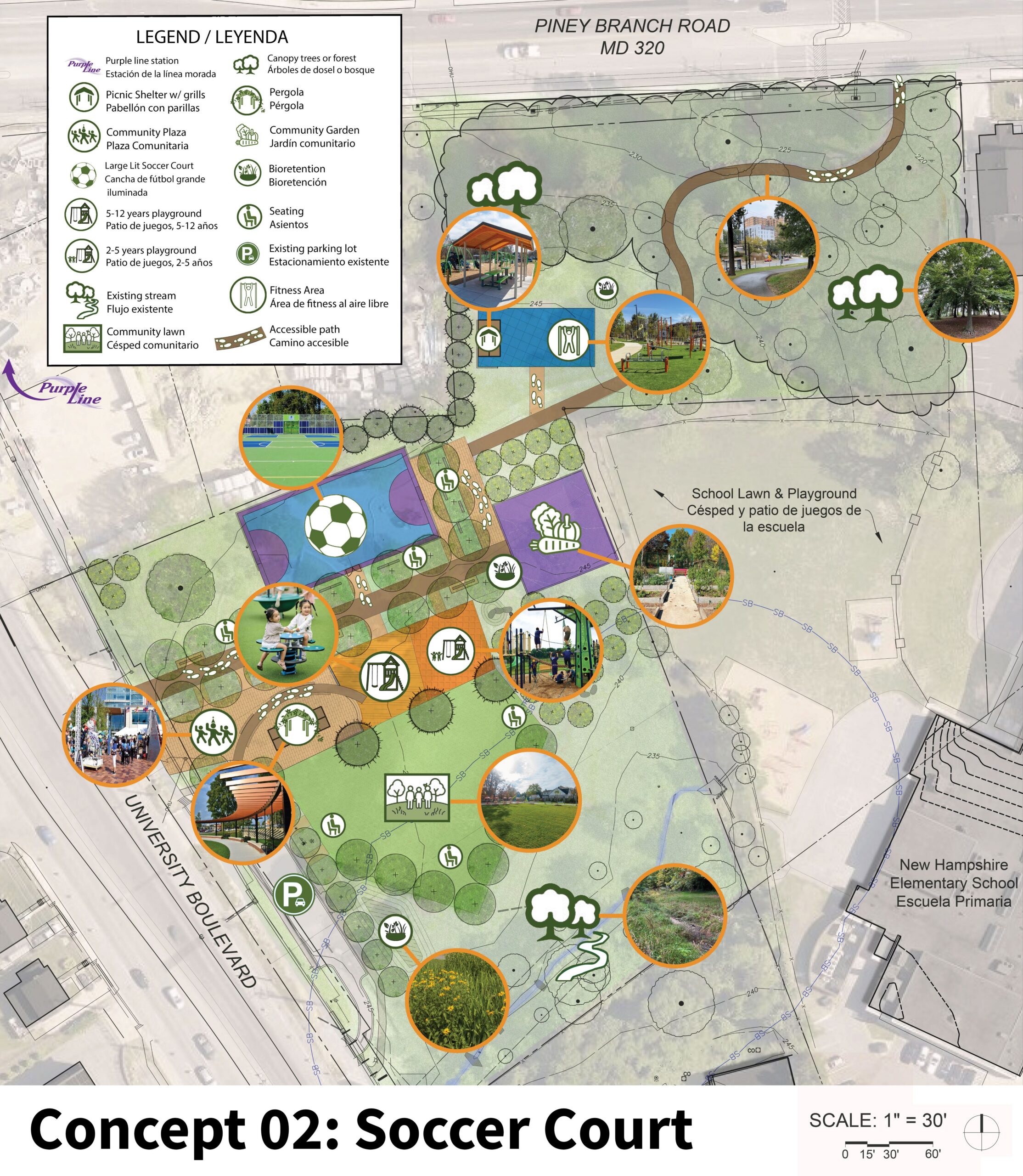 Aerial map of New Hampshire Estates Park Concept 2 showing an open lawn, a large lit soccer court, a community garden, a picnic shelter, a fitness equipment area, a playground area for 2- to 5-year-olds, and 5- to 12-year-olds.
