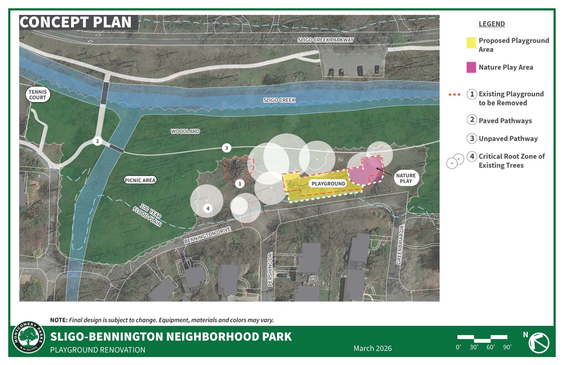 Concept plan for the playground renovation at Sligo-Bennington Neighborhood Park showing the proposed location of the playground and nature play area. 