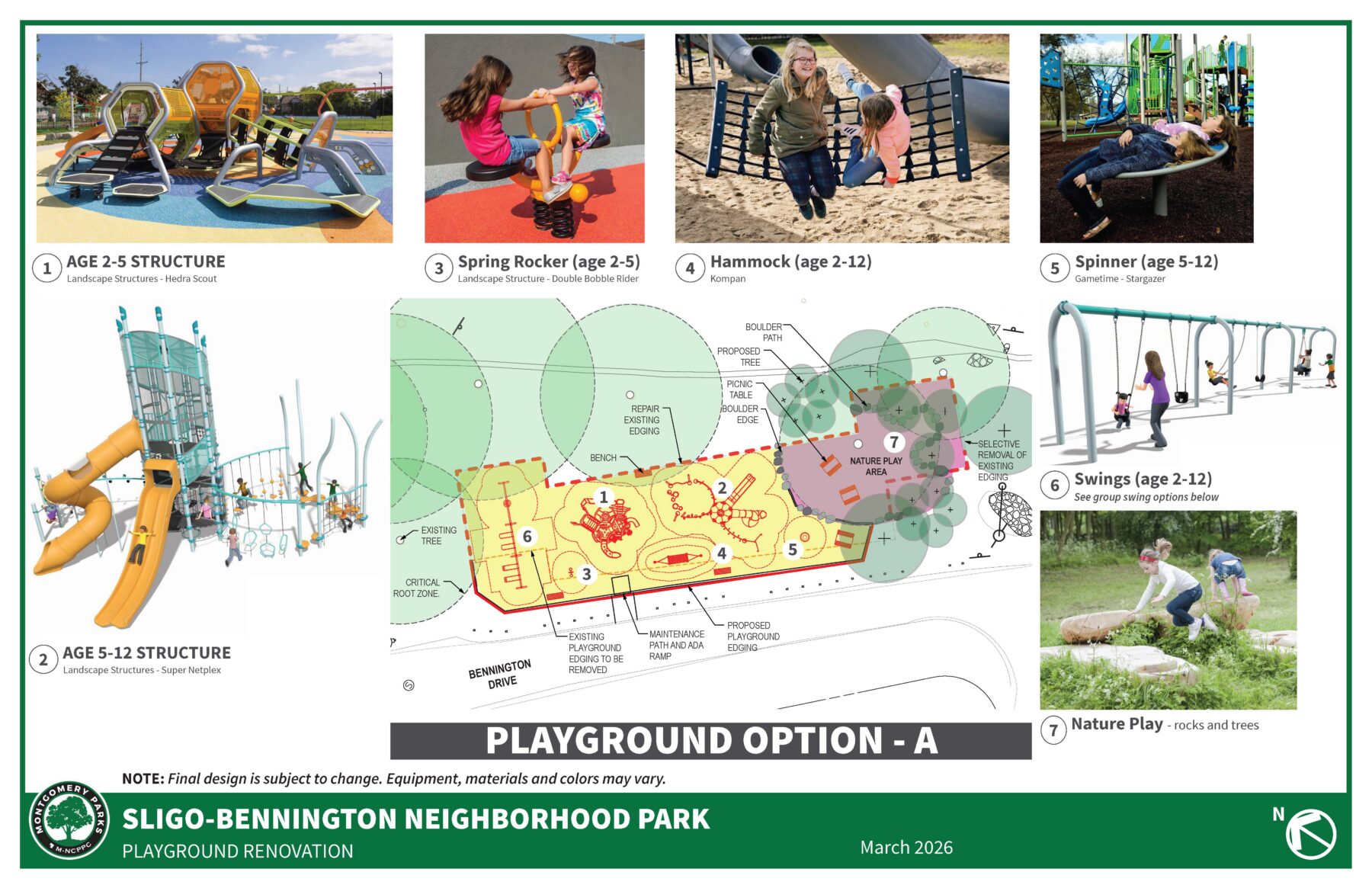 Plan of proposed playground with Option A equipment selection for ages 2-5 and 5-12 year old. Play equipment includes a large climbing structure, a spring rocker, hammock, spinner, nature play and a large structure with slides and climbing equipment. 