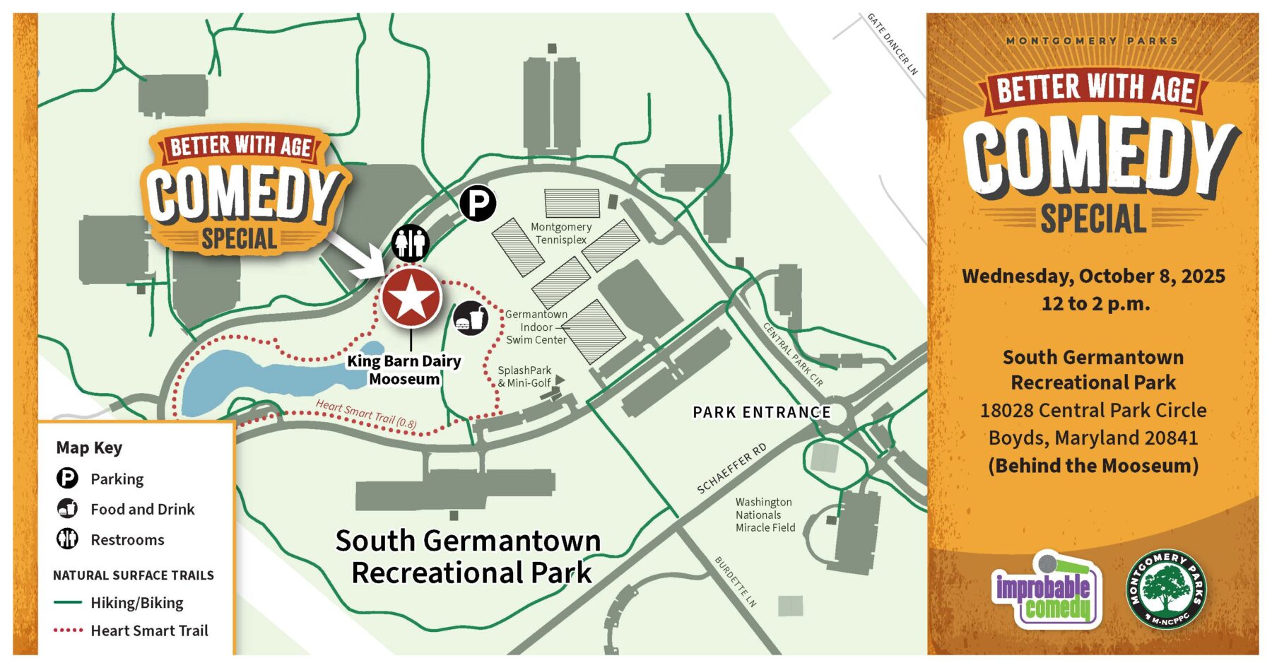 Map for Better with Age Comedy Show on 10/8 at South Germantown Rec Park. Image opens to a larger view.