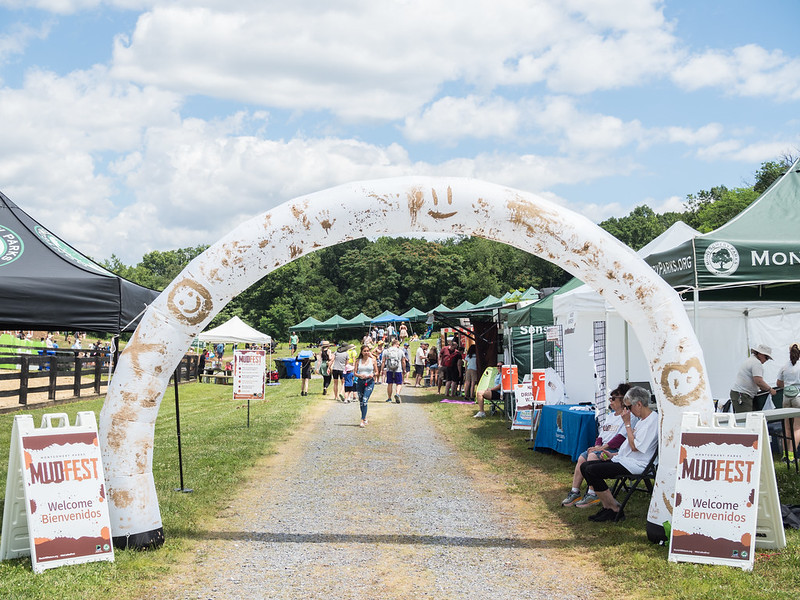 A white arch decorated with mud painting above a gravel walking path.