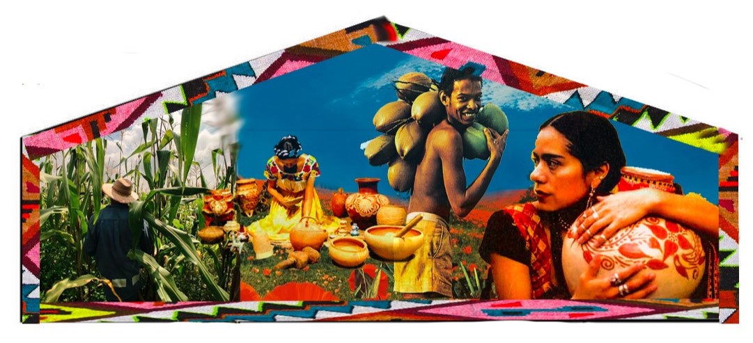 Flattened image of mural proposal with people, pottery, corn, and coconuts.