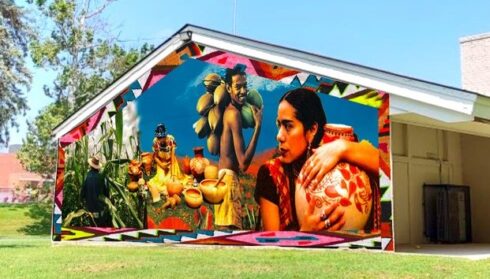 Rendering of mural proposal with people, pottery, corn, and coconuts.