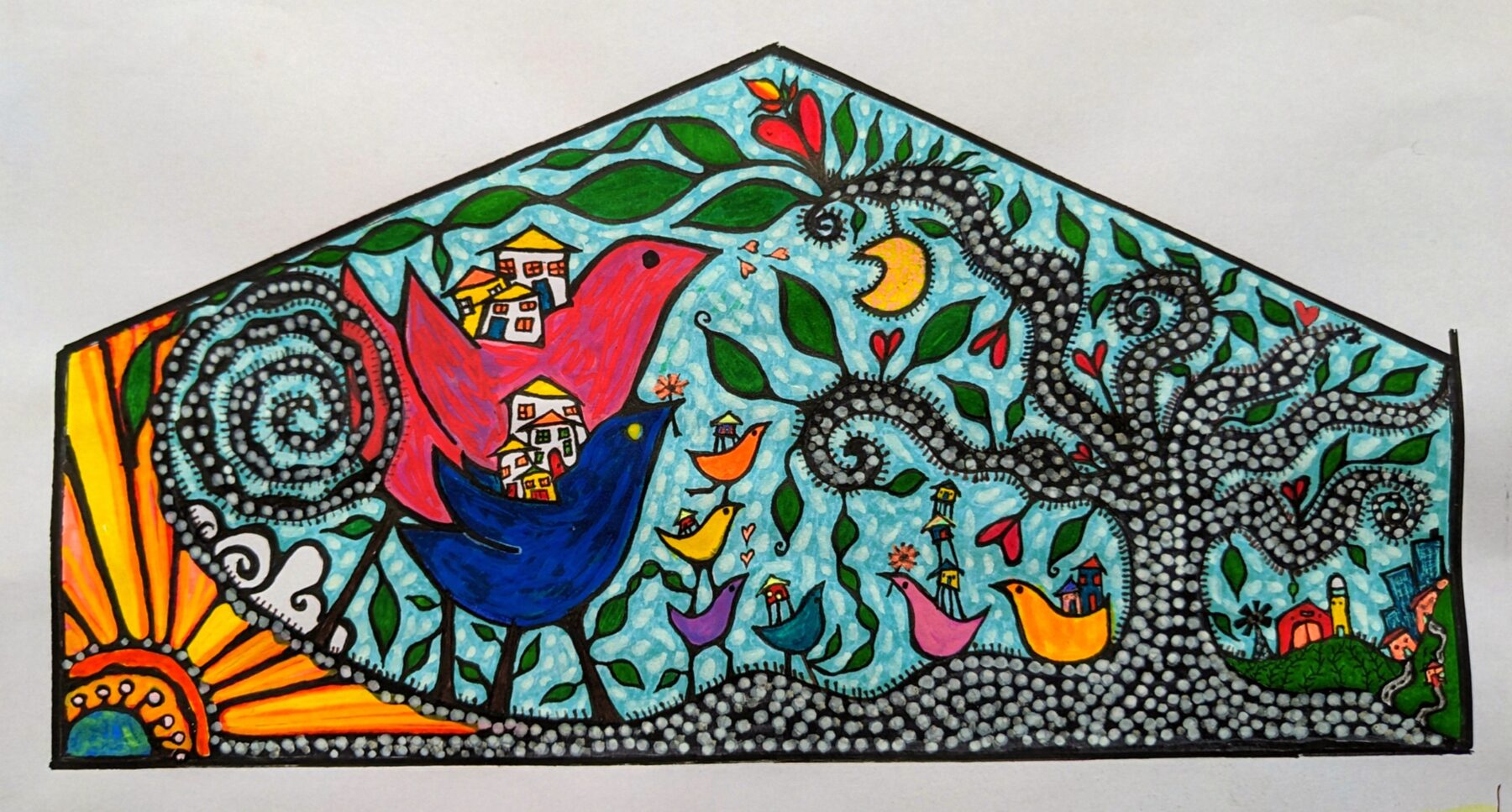 Flattened image of mural proposal with whimsical birds, houses, and a tree