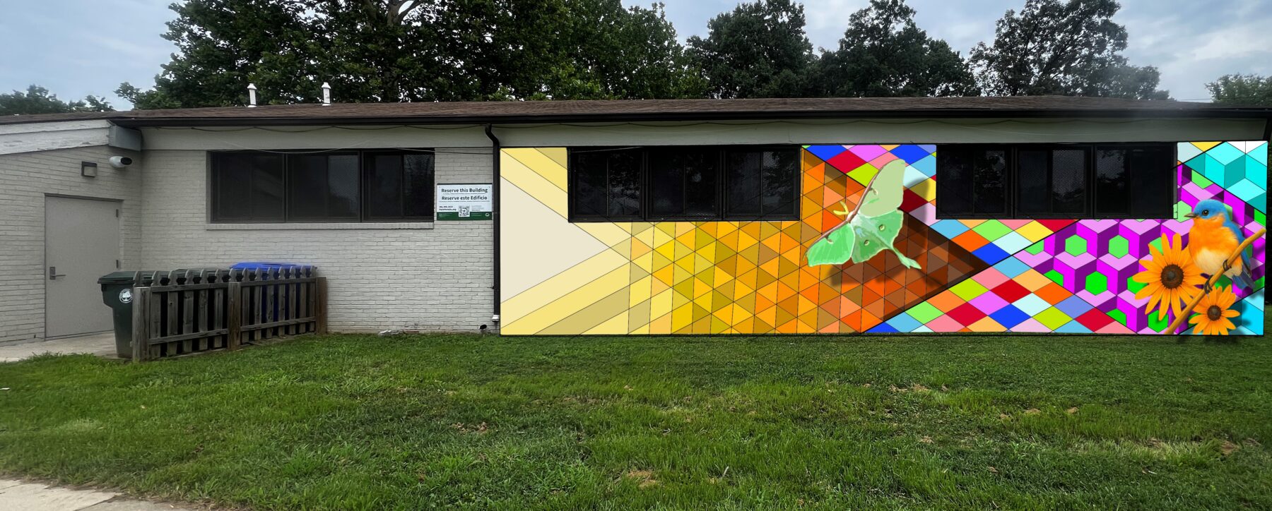 Image rendering of the proposed mural concept with a luna moth, a flower, and a bird