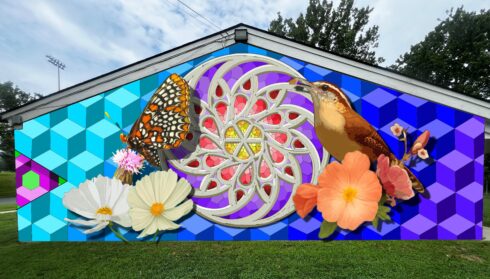 Image rendering of the proposed mural concept with butterfly, bird, flowers, and stained glass window