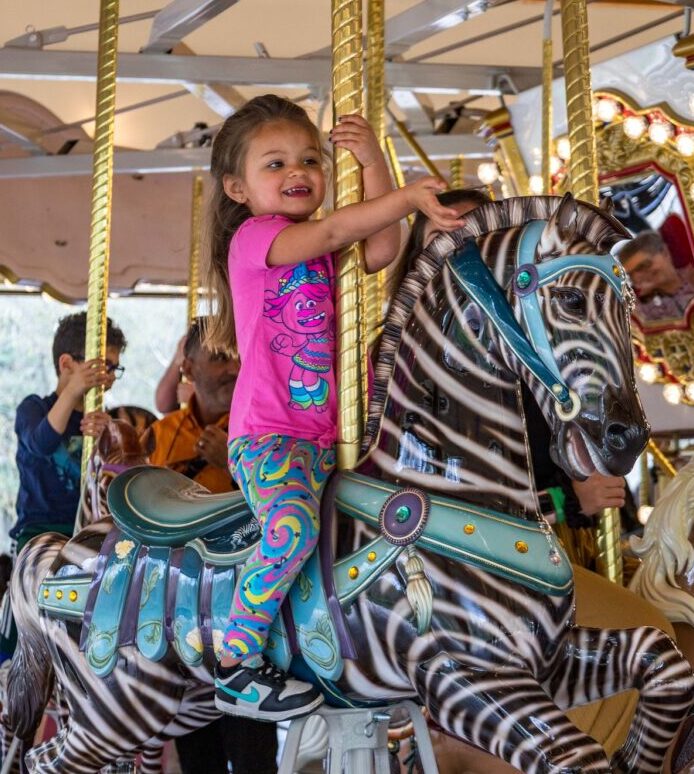 A girl smiling on the carousel