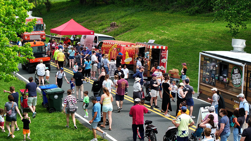 Drone shot of food trucks on the parkway