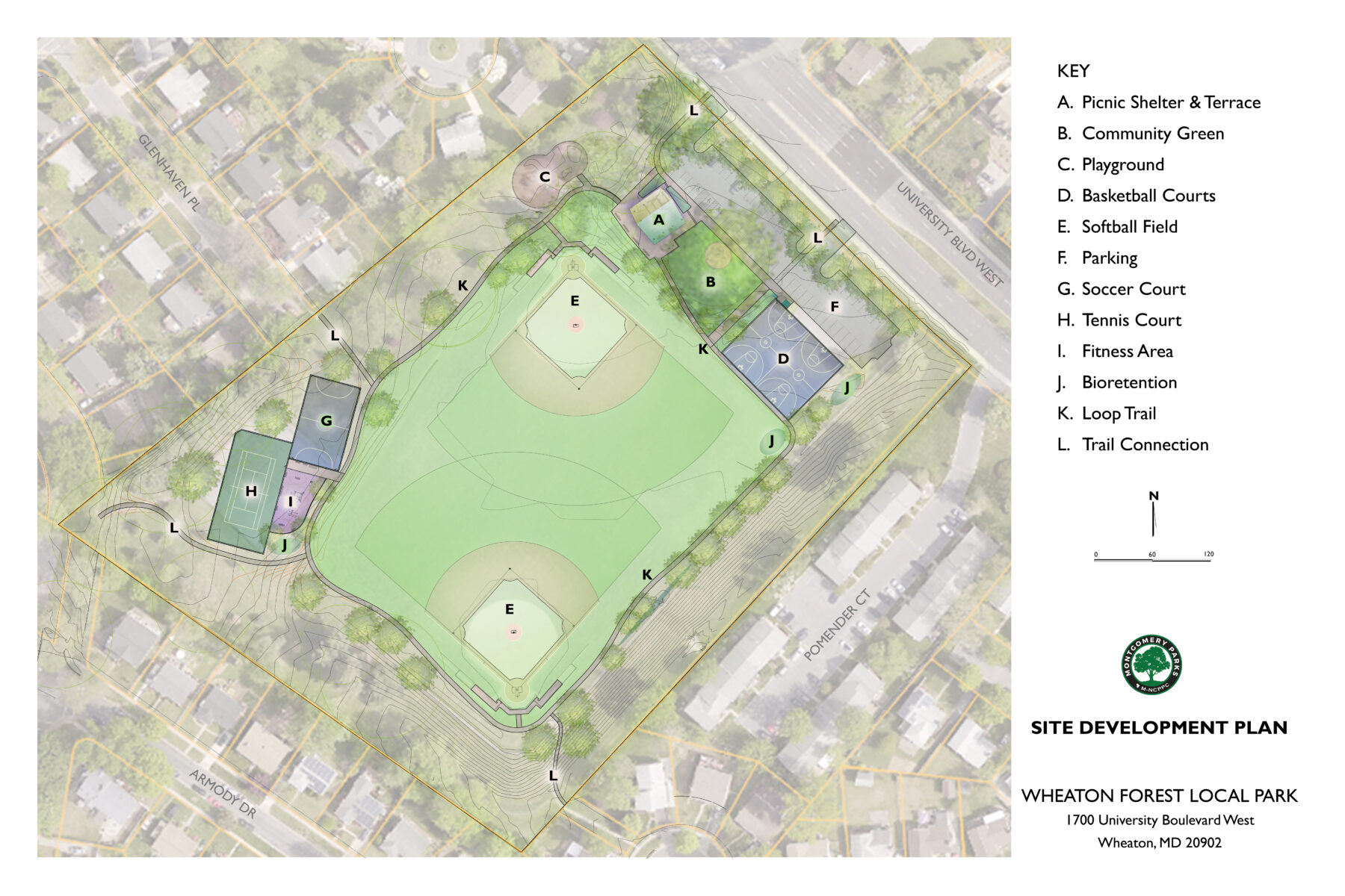 Site Development Plan showing proposed improvements including picnic shelter and terrace, community green, playground, basketball courts, softball fields, parking, soccer court, tennis court, fitness area, bioretention areas, loop trail and trail connections.
