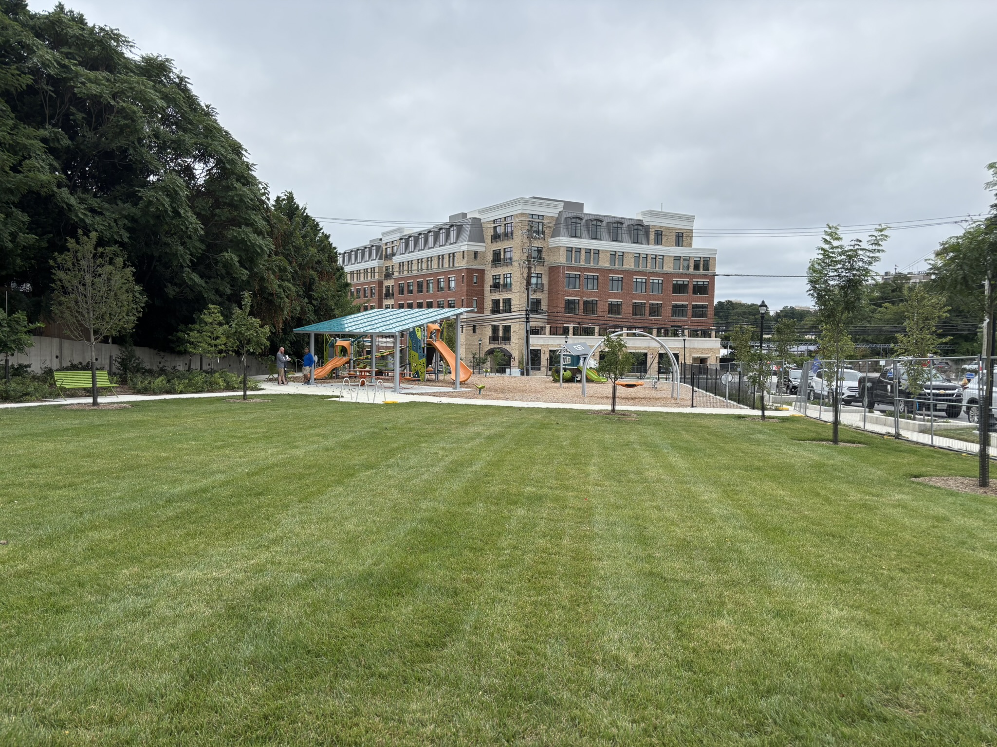Wide angle view of Springfield Park grass, playground with buildings in the background.