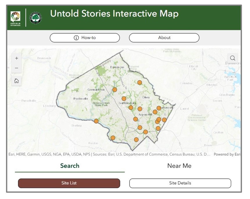 A map of Montgomery County with orange dots on it indicate points of interest. Each dot corresponds to a story about local history and culture. The banner reads "Untold Stories Interactive Map." Clicking on the image will bring users to the interactive map.