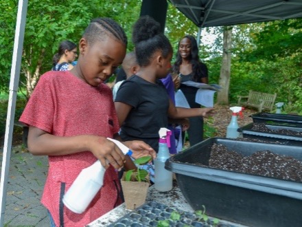 Child watering a plant with spray can.